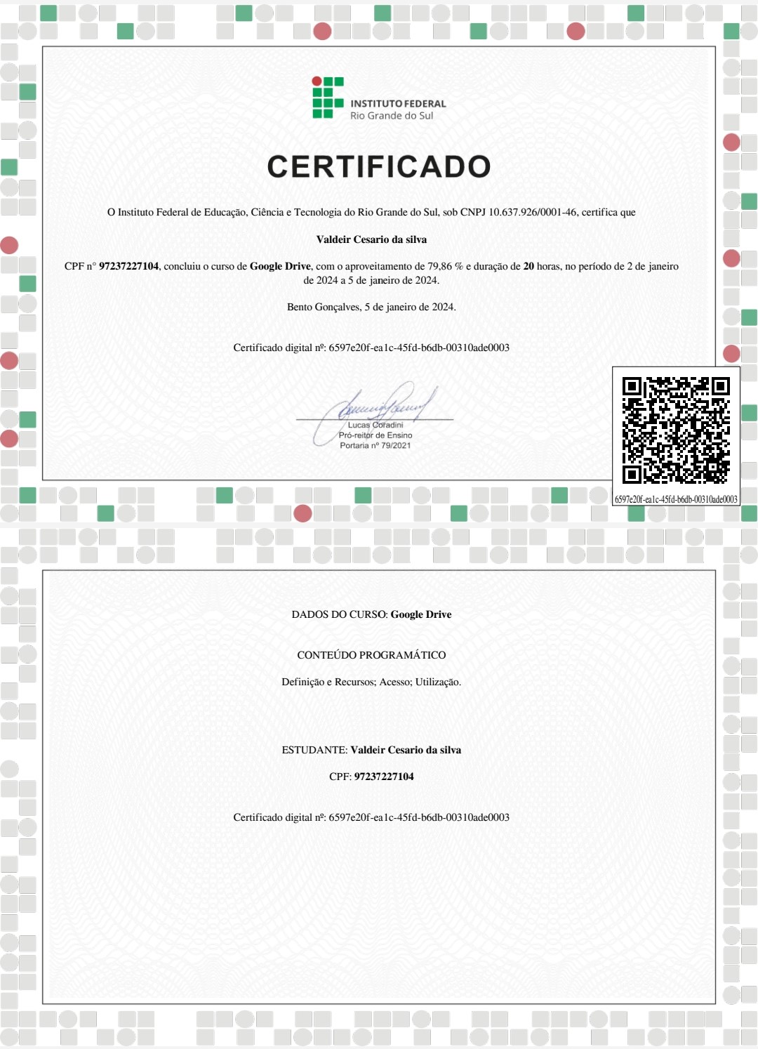Certificado do curso de Google Drive